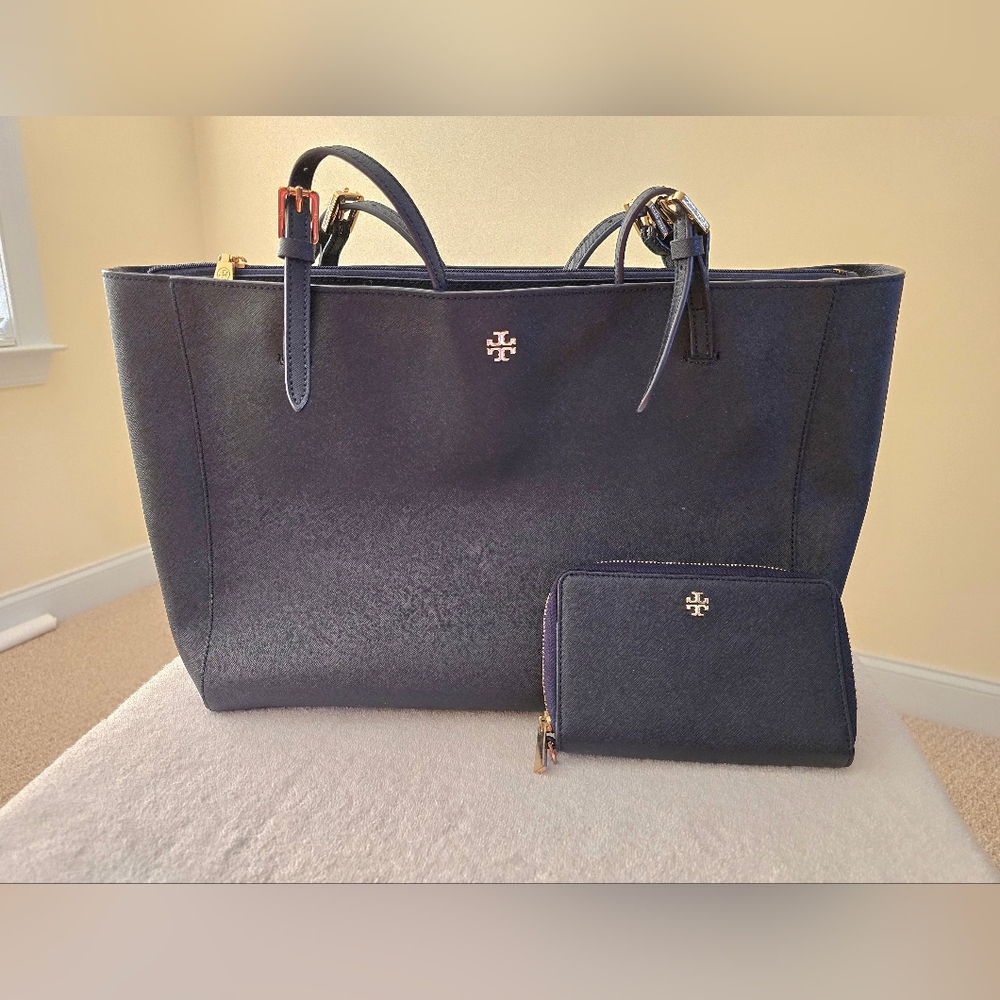 Tory Burch Dark Navy Blue Tote Bag with matching wallet.